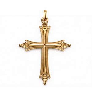 Croix du pape Léon XIV en or jaune 18 carats, branches évasées à fleurons et perles, Manufacture Mayaud