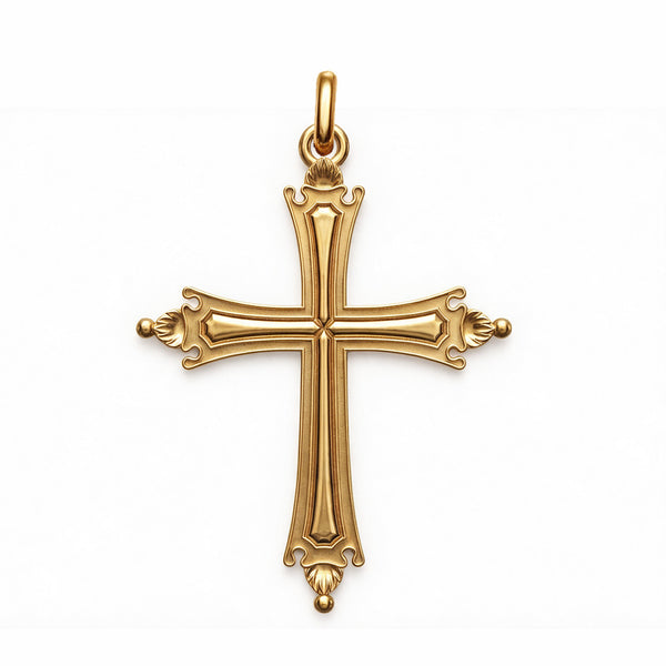 Croix du pape Léon XIV en or jaune 18 carats, branches évasées à fleurons et perles, Manufacture Mayaud