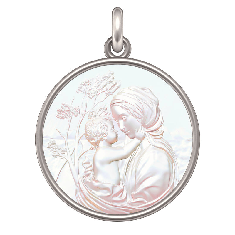 Médaille religieuse ancienne Vierge A L’enfant - Argent Massif Médaille religieuse ancienne Vierge A L’enfant - Argent Massif